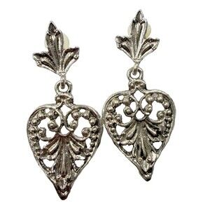 Vintage 1960 Silver Tone Heart Earrings Filigree Victorian Revival Dangle